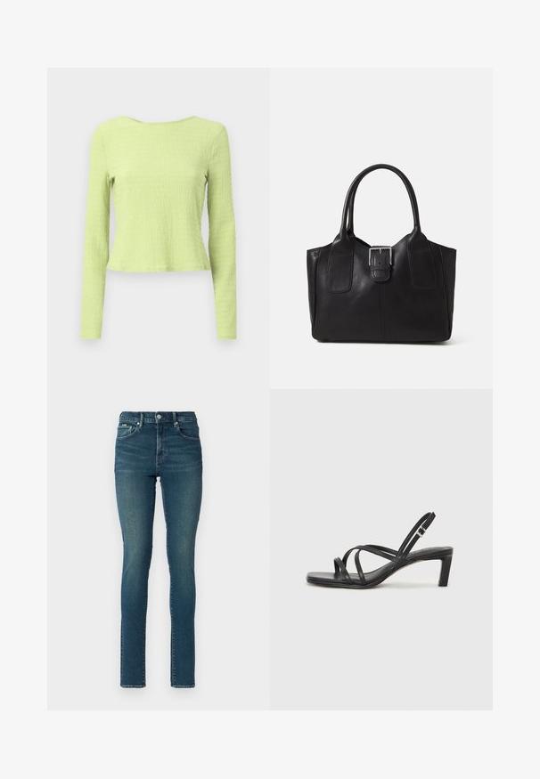 Ilgi piedurkņu īsais tops teksturētā gaiši zaļā audumā ar laivas formas dekoltē un nedaudz pieguļošu siluetu. Nav redzamu rakstu vai akcentu.; Šaurie džinsi, izgatavoti no tumši zilas denim auduma ar augstu jostasvietu, ar piecām kabatām un priekšējo pogu aizdari. Gluda tekstūra un pieguļošs dizains.; Melnas strappy sandales ar kvadrātveida purngaliem un zemu bloku papēdi. Ievērojamas ar vairākiem plāniem siksniņām un regulējamu potītes siksniņu. Izgatavotas no gludas ādas.; Melnas ādas somiņa ar gludu tekstūru, strukturētu formu, divām rokturām un izteiktu sudraba sprādzi priekšpusē.; Sudraba divu joslu gredzens ar gludu, pulētu virsmu. Iezīmējas ar plūstošu, izliekta dizaina struktūru ar pārklājošām sekcijām modernam izskatam.