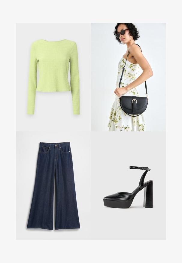 Camisola cropped de mangas longas em tecido texturizado verde claro, com decote barco e silhueta ligeiramente ajustada. Sem padrões ou detalhes visíveis.; Calças de ganga de perna larga em azul escuro. Apresentam cintura alta, cinco bolsos e costuras contrastantes. Textura suave com bainha limpa.; Saltos altos pretos com bico fino e atilho ajustável no tornozelo. Confeccionados em couro suave, apresentam um salto bloco robusto.; Bolsa de couro preta com forma curva, alça destacável e detalhes em dourado. A bolsa possui uma aba com detalhe de fivela.