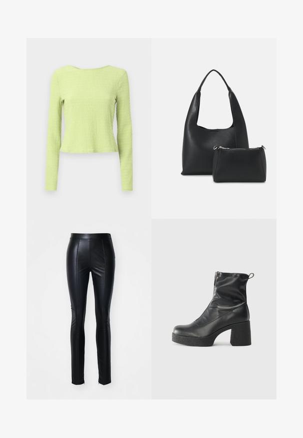 Top cropped cu mâne lungi, dintr-un material texturat de culoare verde deschis, cu un decolteu tip bateau și o siluetă ușor ajustată. Fără modele sau accente vizibile.; Pantaloni din piele ecologică negri, cu un design ajustat, având detalii cu cusături pe față și fermoare la tivurile gleznelor pentru un plus de stil.; Bocanci negri de glezna din piele netedă, cu fermoar lateral, toc texturat și masiv, și design cu vârf rotund.; Even&Odd Geantă de mână - black