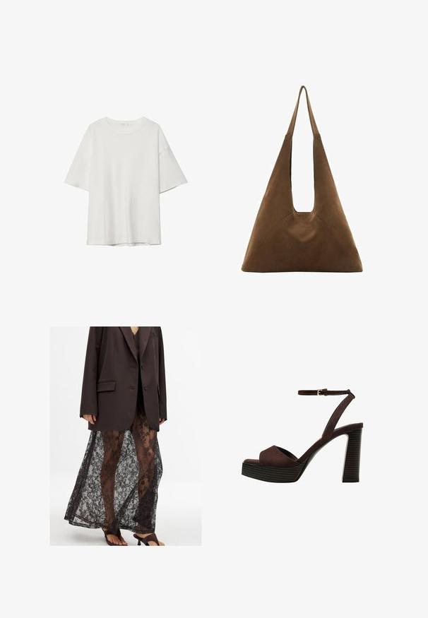 Biela tričko s krátkym rukávom s okrúhlym výstrihom a voľným strihom. Vyrobené z hladkej tkaniny bez viditeľných vzorov alebo akcentov.; Nadrozmerný hnedý blejzer cez priesvitnú čiernu čipkovanú sukňu s kvetinovými vzormi, v kombinácii s čiernymi sandálmi na podpätku.; Hnedé semišové sandále na vysokom podpätku s otvorenou špičkou, nastaviteľným členkovým remienkom a pruhovanou platformovou podrážkou.; Hnedá semišová taška cez rameno s trojuholníkovým dizajnom, predĺženými ramennými popruhmi a veľkým otvoreným vrchom s detailom výrezu na uchopenie.