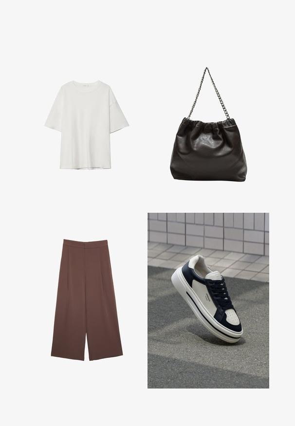 Weißes T-Shirt mit kurzen Ärmeln, das einen runden Ausschnitt und eine lockere Passform aufweist. Hergestellt aus glattem Stoff ohne sichtbare Muster oder Akzente.; Braune Weite-Leg-Hosen mit einer glatten Textur, hoher Taille und Vorderfalten. Der Stoff ist leicht und fällt locker.; Weiße und marinefarbene Leder-Sneaker mit durchlöchtem Zehenbereich, Schnürsenkeln und einer strukturierten Gummisohle, mit Branding an der Seite.; Braune Lederhandtasche mit gerafftem Oberteil und Kettenriemen. Glatte Textur mit glänzendem Finish und subtilen Nahtdetails an den Seiten.