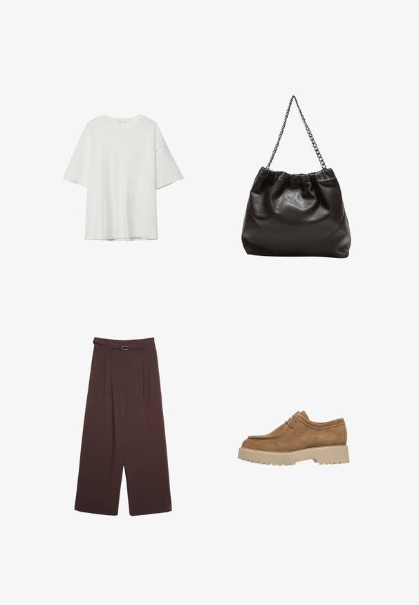 White short-sleeve t-shirt featuring a round neckline and loose fit. Made of smooth fabric with no visible patterns or accents.; Stradivarius WIDE-LEG WITH BUCKLE DETAIL - Trousers - dark brown; Brown suede shoe with a rounded toe, lace-up design, and a thick beige rubber sole featuring deep treads for traction.; Brown leather bag with a gathered top and a chain strap. Smooth texture with a glossy finish and subtle seam detailing on the sides.