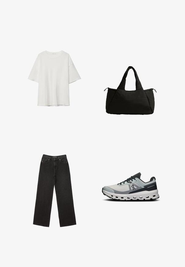 Weißes T-Shirt mit kurzen Ärmeln, das einen runden Ausschnitt und eine lockere Passform aufweist. Hergestellt aus glattem Stoff ohne sichtbare Muster oder Akzente.; Schwarze weit geschnittene Jeans aus Denim, mit kleinen gepunkteten Mustern, klassischem Fünf-Taschen-Design und einem Knopf- und Reißverschluss.; Laufschuh mit einem hellgrauen Mesh-Obermaterial, dunkelblauen Akzenten und einer dicken weißen Zwischensohle mit Ausschnitten. Die Schnürsenkel sind dunkelgrau.; Schwarze Einkaufstasche mit einer fluffigen Textur, ausgestattet mit zwei kurzen Griffen und einer Seitentasche, die mit einem Kordelzug gesichert ist. Einfaches, kantiges Design.