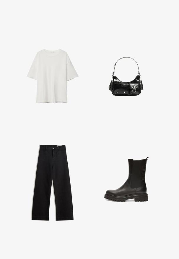 Valkoinen lyhythihainen t-paita, jossa on pyöreä pääntie ja löysä istuvuus. Valmistettu sileästä kankaasta ilman näkyviä kuvioita tai koristeluja.; Mustat leveät farkut korkealla vyötäröllä, joissa on etu- ja takataskut, ommellut saumat ja nappisuljenta. Silkinoinen rakenne.; Mustat nahka nilkkakengät, joissa on joustavat sivupaneelit, pyöreä kärki ja paksu, teksturoitu kumipohja, jossa on syvät urat pitoa varten.; Mustekko mustasta kiiltonahasta valmistettu käsilaukku, jossa on kaareva muoto, yksi olkahihna, etutaskut ja hopeanväriset yksityiskohdat.