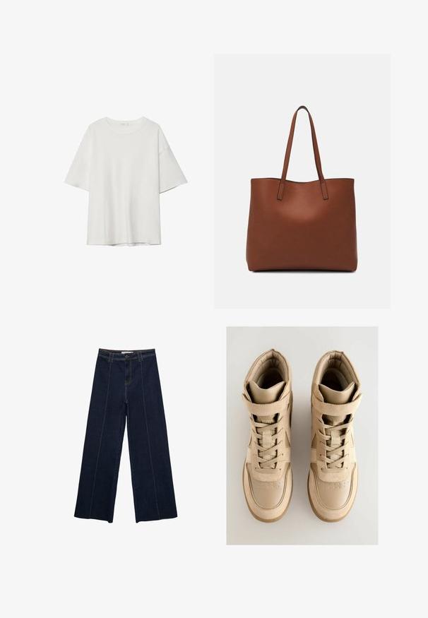 White short-sleeve t-shirt featuring a round neckline and loose fit. Made of smooth fabric with no visible patterns or accents.; Wide-leg dark denim trousers with contrast stitching, high waist, and a straight cut. Features front pockets and a classic button closure.; Beige high-top sneakers with a textured suede and leather upper, featuring lace closure, a hook-and-loop strap, and a rubber sole.; Brown leather tote bag with a smooth texture, open top design, and two shoulder straps. Features minimal stitching and no visible hardware.