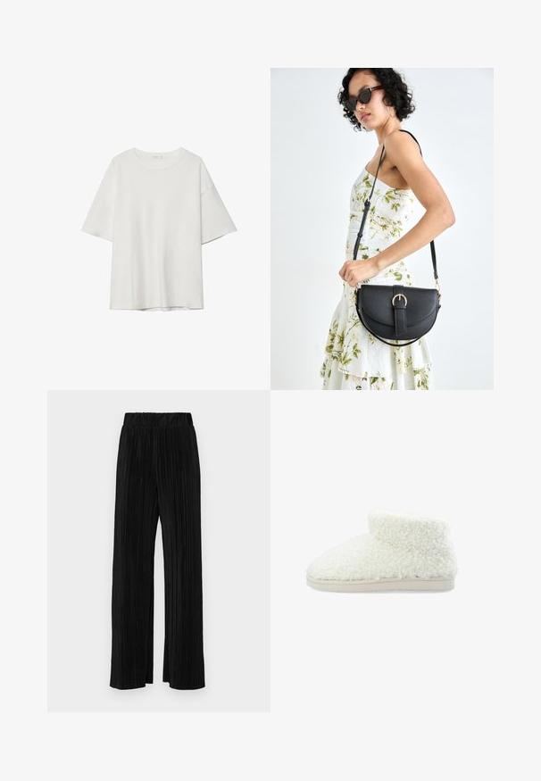 Weißes T-Shirt mit kurzen Ärmeln, das einen runden Ausschnitt und eine lockere Passform aufweist. Hergestellt aus glattem Stoff ohne sichtbare Muster oder Akzente.; Schwarze plissierte Hose mit elastischem Bund. Verfügt über weite Hosenbeine und einen glatten, strukturierten Stoff mit vertikalen Streifen.; Weiße, flauschige Knöchelstiefel aus weichem, strukturiertem Material mit einer flachen, beigen Sohle. Sie haben eine abgerundete Zehenpartie und einen umgeschlagenen oberen Rand für zusätzliche Wärme.; Schwarze Lederhandtasche mit geschwungener Form, abnehmbarem Tragegurt und goldenen Beschlägen. Die Tasche verfügt über einen Deckel mit einer Schnallen-Details.