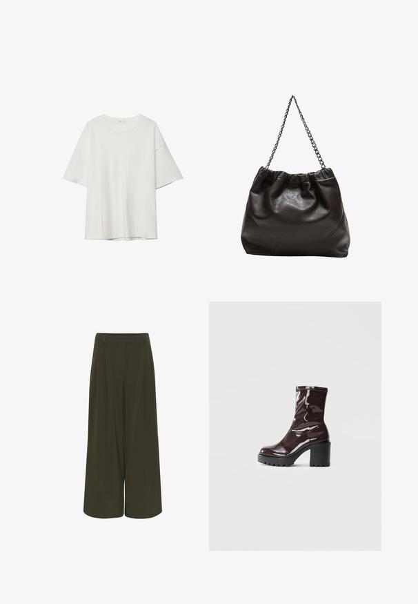 Bílý krátký rukáv tričko s kulatým výstřihem a volným střihem. Vyrobeno z hladkého materiálu bez viditelných vzorů nebo akcentů.; Široké kalhoty v tmavě olivové barvě. Vyrobené z hladkého materiálu, s plisovaným předním dílem a bočními kapsami. Jednoduchý design pasu.; Lesklá bordó kotníková bota s masivním černým podpatkem, se hladkým povrchem a jednoduchým designem. Žádné viditelné zapínání ani vzory.; Hnědá kožená taška se sbíraným vrškem a řetízkovým popruhem. Hladký povrch s lesklým finišem a jemným švem na bocích.