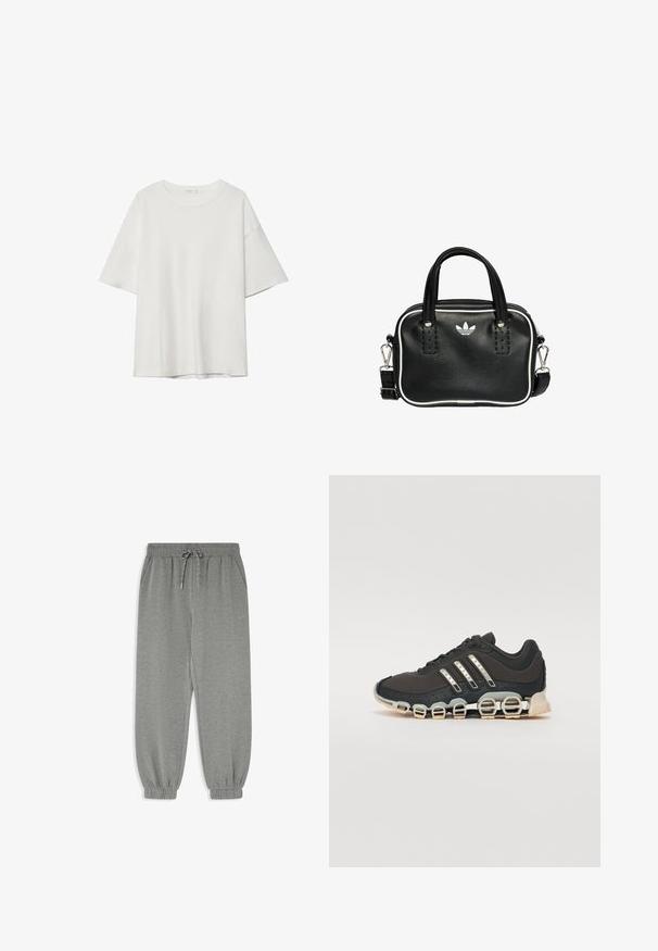 Weißes T-Shirt mit kurzen Ärmeln, das einen runden Ausschnitt und eine lockere Passform aufweist. Hergestellt aus glattem Stoff ohne sichtbare Muster oder Akzente.; Graue Jogginghosen mit tapered Schnitt, elastischem Bund und Kordelzug, seitlichen Taschen und elastischen Bündchen an den Knöcheln.; Schwarzer Sportschuh mit einer strukturierten Oberseite, drei silbernen Streifen und einer markanten Dämpfungssohle mit mehreren integrierten Sektionen.; Schwarze Lederhandtasche mit zwei kurzen Griffen, silbernem Zubehör, weißen Akzenten und einem weißen Logo. Verfügt über eine strukturierte Oberfläche und ein kompaktes Design.