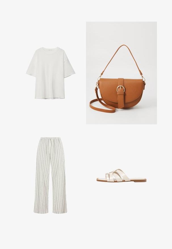 Valkoinen lyhythihainen t-paita, jossa on pyöreä pääntie ja löysä istuvuus. Valmistettu sileästä kankaasta ilman näkyviä kuvioita tai koristeluja.; Valkoiset leveät housut, joissa on pystysuorat mustat raidat, joustava vyötärö ja teksturoitu kangas. Suunnittelussa on rento ja väljä istuvuus.; Tason vaaleanruskealla kumipohjalla, jossa on kolme päällekkäistä valkoista nahkaremmiä ja pieni satiininen rusetti keskellä.; Ruskean nahkainen olkalaukku, jossa on kaareva muoto, kultaiset yksityiskohdat ja solkiyksityiskohta. Varustettu irrotettavalla olkahihnalla.