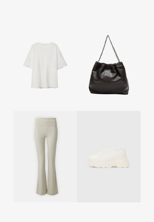 Bela majica s kratkimi rokavi z okroglim ovratnikom in ohlapnim krojem. Narejena iz gladkega materiala brez vidnih vzorcev ali dodatkov.; Bež hlače s flared krojem, narejene iz mehke tkanine, z širokim elastičnim pasom in gladko teksturo, ki se na dnu široko razširijo.; Bela platnena teniska z debelim podplatom, okroglo konico in petimi luknjicami za vezalke. Zadaj je dodana zanka za enostavno obuvanje. Gladka tekstura, minimalistična zasnova.; Rjava usnjena torba z nabranim vrhom in verižnim trakom. Gladka tekstura z sijajno površino in subtilnimi šivi na straneh.