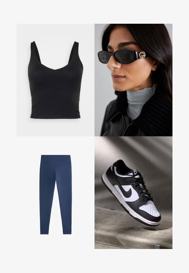 Črn brezrokavnik s kratkim krojem in globokim V-izrezom, izdelan iz gladke, elastične tkanine. Ima čist rob brez vidnih vzorcev ali okraskov.; Temno modri leggingi, izdelani iz gladkega in raztegljivega materiala. Imajo visok pas in prilegajoč dizajn, ki se zoži pri gležnjih.; Črno-bel Nike Dunk Low čevelj z usnjenim zgornjim delom, perforiranim prstnim delom in črnimi vezalkami, z belim podplatom in logotipnimi detajli.; Črne sončne očala z elegantnim pravokotnim okvirjem in zlatim logotipom na strani. Temna stekla in sijajna površina sta izrazita.