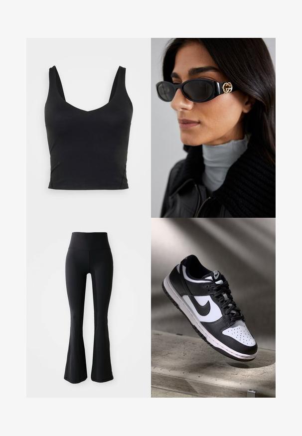 Fekete ujjatlan cropped top, mély V-nyakkivágással, sima, rugalmas anyagból készült. Tiszta szegéllyel rendelkezik, és nincsenek rajta látható minták vagy díszítések.; Fekete, bőszárú jóga nadrág, rugalmas anyagból készült, magas derékkal, sima textúrával és látható minták vagy díszítések nélkül.; Fekete-fehér Nike Dunk Low sneaker, bőr felsőrésszel, perforált orral és fekete fűzőkkel, fehér talppal és logó kiegészítőkkel.; Fekete napszemüveg, sima, téglalap alakú kerettel, arany logóval az oldalon. Sötét lencsék és fényes felület jellemzi.