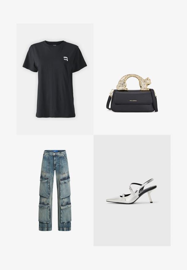 Juodas medvilnės marškinėliai trumpomis rankovėmis ir apvaliu iškirpimu. Ant krūtinės pavaizduota maža balta grafika. Lygus audinys, kasdienis siluetas.; Mėlyni denimo cargo kelnės su laisvu kirpimu, turinčios kelis didelius kišenius, užtrauktuką ir šiek tiek blukintą tekstūrą, kuri suteikia dėvėtą išvaizdą.; Sidabriniai slingback aukštakulniai bateliai su smailiu nosiu, turintys lygaus metalo apdailą, ploną kulną ir dekoratyvinius dirželio elementus.; Juodas odinis rankinukas su auksine katės formos rankena, turintis priekinę atvartą, reguliuojamą diržą ir logotipo detalę apatiniame priekyje.