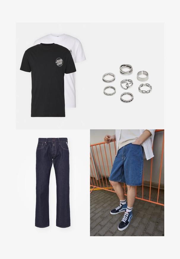 Pack de dos camisetas: una negra y una blanca. Ambas presentan mangas cortas y un logo circular en el pecho en un color contrastante. Material de algodón.; Vaqueros de mezclilla azul oscuro con un diseño de pierna recta. Presenta un cierre de botón, cinco bolsillos y costuras de contraste.; Pantalones cortos de mezclilla en azul, a la altura de la rodilla, con un bolsillo delantero. Combinados con zapatillas altas en azul marino y azul, con cordones blancos y calcetines a rayas.; Conjunto de siete anillos de plata con diversos diseños, incluidos patrones retorcidos, enlazados y grabados. Diferentes formas y anchos.