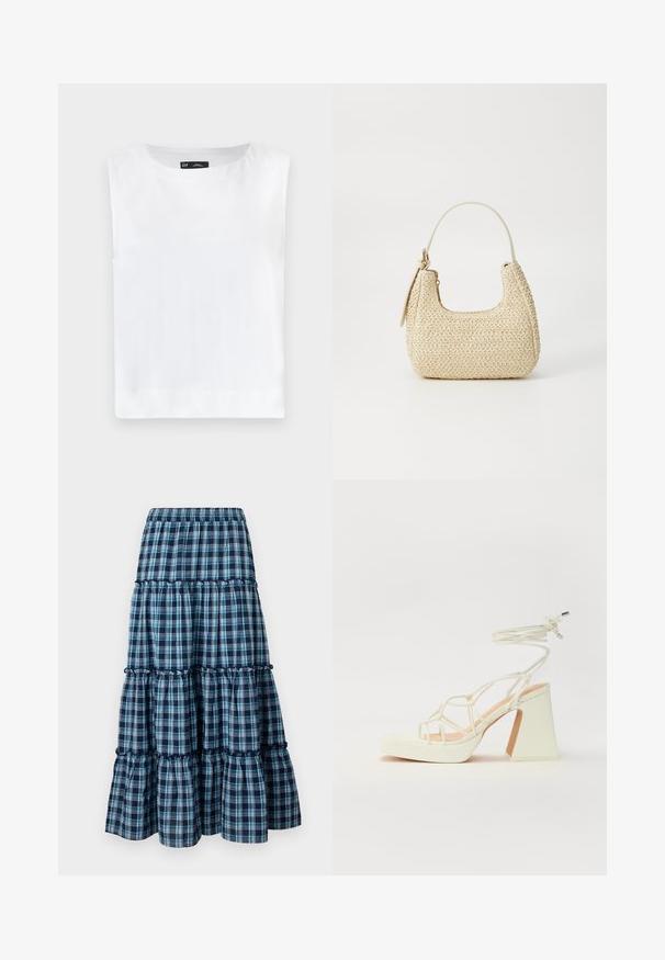 Hvit ermeløs topp med rund hals, laget av mykt stoff. Rett hem uten synlige mønstre eller dekorasjoner.; Blå og hvit rutete, lagdelt skjørt med elastisk liv, som har volangdetaljer og en flytende silhuett. Laget av myk bomull.; Hvit høyhælte sandal med kraftig hæl, med en stroppe-design og ankelbånd. Glatt tekstur med plattform foran for ekstra høyde.; Vevd stråveske i beige med buet form, kort håndtak og glidelås på siden. Har teksturert overflate og minimalistisk design.
