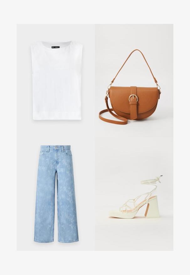 Top sin mangas blanco con cuello redondo, hecho de una tela suave. Dobladillo recto sin patrones visibles ni adornos.; Jeans de pernera ancha de un azul claro, con un patrón floral desvanecido, cinco bolsillos y un cierre de botón en la cintura. Tela de mezclilla con ligera textura.; Sandalia de tacón alto blanca con un tacón grueso, que presenta un diseño de tiras y un lazo en el tobillo. Textura suave con una plataforma en la parte delantera para mayor altura.; Bolso bandolera de cuero marrón con forma curvada, herrajes dorados y un acento de hebilla. Incluye una correa de hombro desmontable.