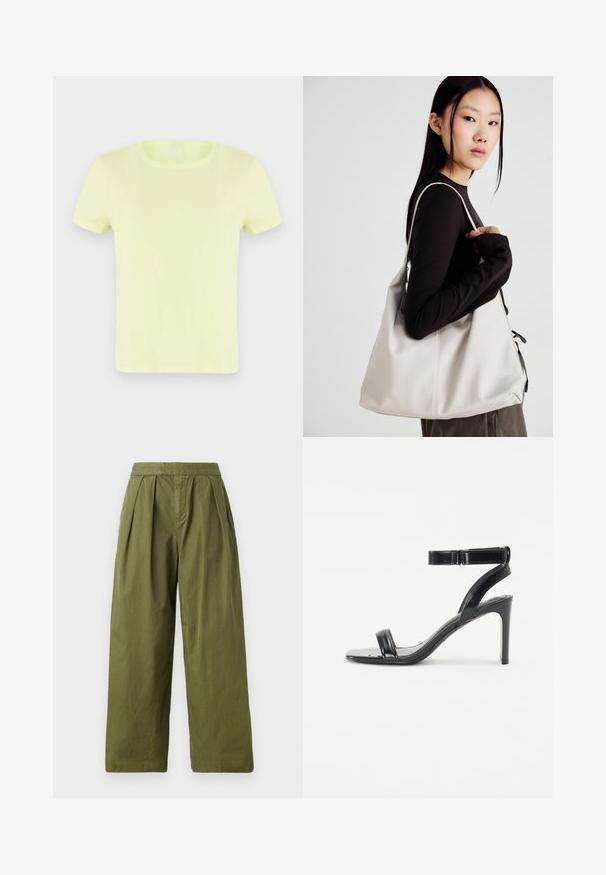 T-shirt amarelo néon de manga curta, feito de algodão. Apresenta um decote redondo clássico e uma textura suave e leve.; Calças largas verde-oliva feitas de tecido leve, com pregas na cintura e uma textura sem costuras, sem bolsos.; Sandal de salto alto preto com acabamento brilhante, apresentando duas tiras finas e uma tira no tornozelo, apoiado em um salto agulha esbelto.; Uma bolsa bege feita de material macio, com um design descontraído, detalhes de costura e duas alças para o ombro. Adequada para uso diário.