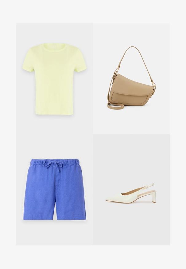 Neona rumena kratka majica iz bombaža. Ima klasičen okrogli izrez in gladko, lahkotno teksturo.; Modri šortsi iz lahkega materiala, s elastiko v pasu in vrvico za prilagajanje ter enim sprednjim žepom.; Bele begaste usnjene slingback čevlje z ostrim nosom in nizkim blokastim peto. Imajo diskreten trak z zlatim podrobnostim s sponko.; Even&Odd Torbica - beige
