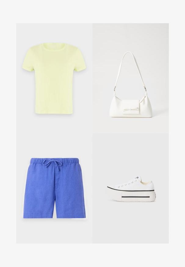 Neon žluté tričko s krátkým rukávem vyrobené z bavlny. Má klasický kulatý výstřih a hladkou, lehkou texturu.; Modré šortky vyrobené z lehkého materiálu, s elastickým pasem na šňůrku a jednou přední kapsou.; Bílé plátěné platformové tenisky s černou gumovou podrážkou, kulatou špičkou a kovovými očka, s jednoduchým a čistým designem.; Bílá syntetická kabelka v trojúhelníkovém tvaru, s plochým předním klopným víkem a detailem mašle, nastavitelným popruhem, hladkým povrchem a minimalistickým designem.