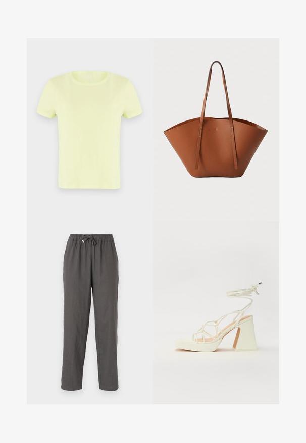 Neona rumena kratka majica iz bombaža. Ima klasičen okrogli izrez in gladko, lahkotno teksturo.; Sive lanene hlače z elastičnim pasom, detajlom z vrvico, ravnim krojem in mehko teksturirano tkanino.; Bela sandala na visokih petah s debelim petam, ki ima obliko trakcev in vezanje okoli gležnja. Gladka tekstura z platformo spredaj za dodatno višino.; Rjava usnjena torba tote z široko, strukturirano obliko, tankimi ročaji in teksturirano površino. Opremljena je z minimalističnim oblikovanjem brez vidne opreme.