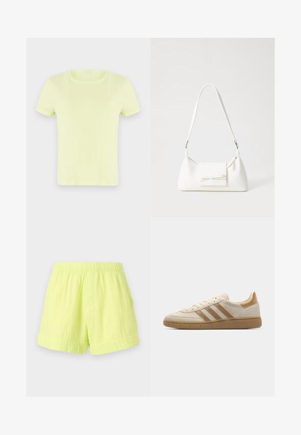 Neona rumena kratka majica iz bombaža. Ima klasičen okrogli izrez in gladko, lahkotno teksturo.; Lime zelene kratke hlače iz lahkega, strukturiranega blaga z elastičnim pasom in enim stranskim žepom. Brez vidnih zapiranj.; Bež semiš športni čevlji s svetlo rjavimi poudarki. Ima tri rjave črte, teksturiran gumijast podplat in zaobljen dizajn prstov.; Bela sintetična torbica v obliki trikotnika, z ravnim sprednjim poklopcem in detajlom mašne, nastavljivim trakom, gladko teksturo in minimalističnim dizajnom.