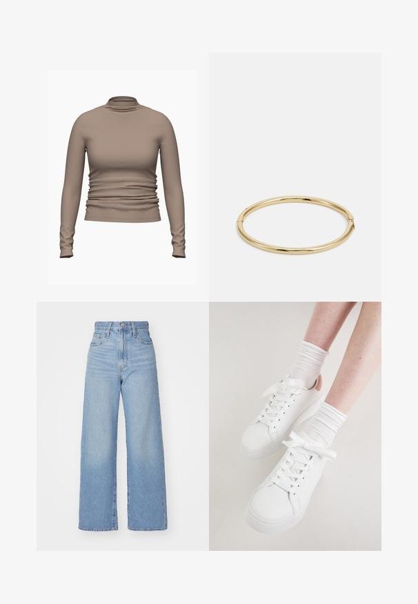 Ilga rankovė, turtleneko tipo palaidinė viengubos šviesiai rudos spalvos. Savybė - susirinkimo detalės juosmens srityje ir lygus paviršius. Minkšta medžiaga.; Šviesiai mėlynos aukšto liemens plačios kojos džinsai su priekiniais užtrauktukais ir sagom, priekinėmis ir galinėmis kišenėmis, ant baltos fono.; Baltos odinės sportinės bateliai turi apvalų pirštą, plokščią padą ir storus raiščius. Papuošti šviesiai rožiniu kulnu ir dėvimi su baltomis gofruotomis kojinėmis.; Auksinis apyrankė su lygiu, blizgiu paviršiumi, turinti apvalią formą ir subtilų užsegimo detalę.