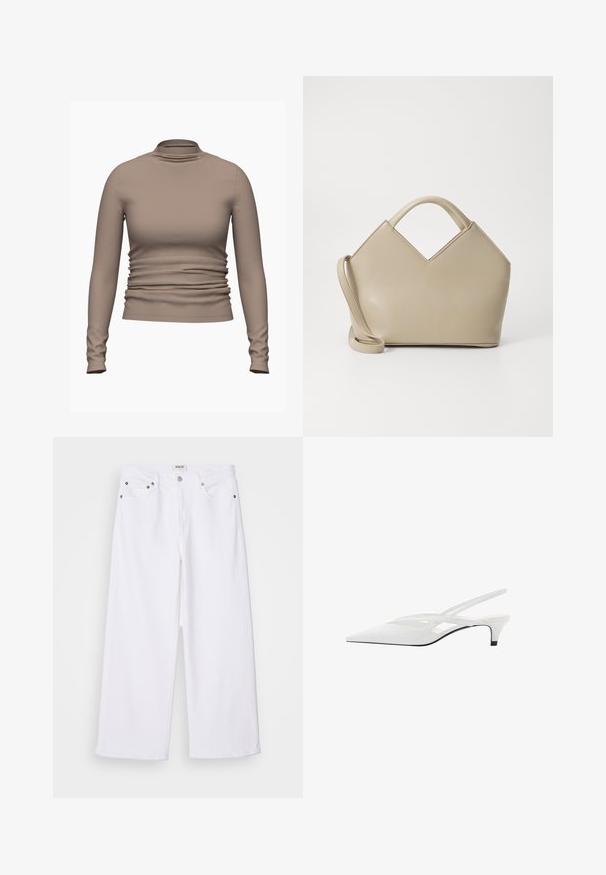 Langermige coltrui in een effen lichtbruine kleur. Heeft gathered details bij de taille en een gladde textuur. Zacht materiaal.; Witte wijde jeans van denim, met een vijf-pocket ontwerp, metalen hardware en een hoge taille, met een nette afwerking aan de zoom.; Witte slingback hak met spitse neus, voorzien van een gladde bovenkant, subtiele uitsparingen en een lage blokhak. Zwarte zool accentueert het ontwerp.; Beige gestructureerde handtas met een V-vormige bovenkant, van glad leder, korte handvatten en een lange verstelbare schouderriem. Minimalistisch ontwerp.