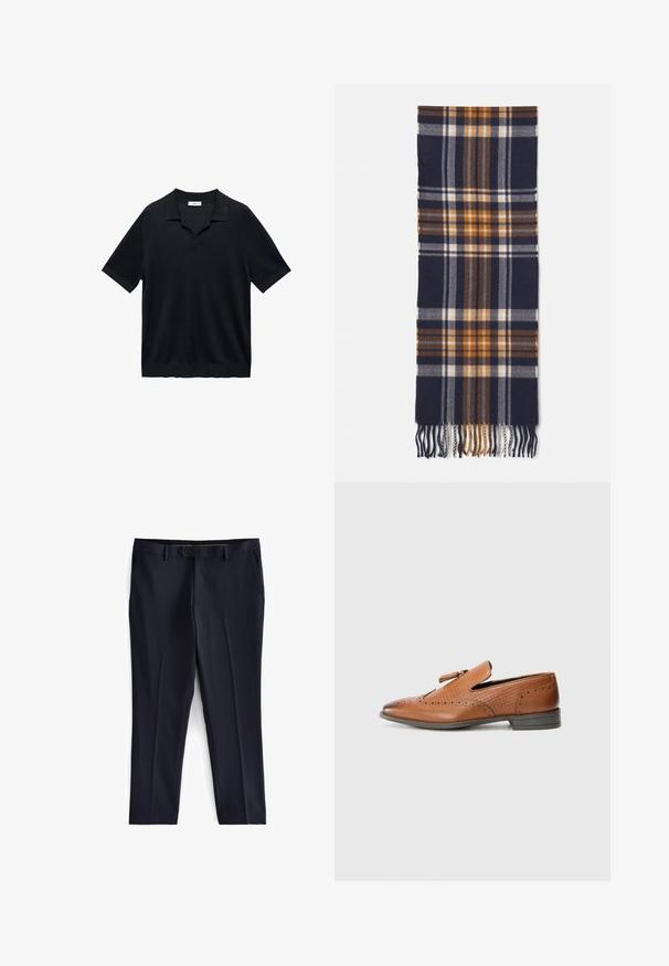 Černé polo tričko s krátkým rukávem vybavené výstřihem do V, plochým límečkem a žebrovanou strukturou. Materiál vypadá lehce a hladce.; Next SLIM FIT ESSENTIAL - Oblekové kalhoty - navy; Hnědé kožené boty s perforovaným detailem, texturovanými stranami, plochou podrážkou a ozdobnou mašlí na svršku. Klasický design s hladkým povrchem.; Námořnický modrý kostkovaný šál vyrobený z měkké tkaniny, který má oranžové, bílé a hnědé kostkované vzory s třásněmi na koncích pro texturu.