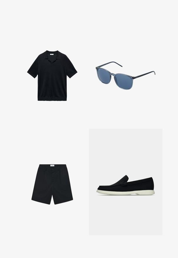 Camisa polo negra de manga corta con escote en V, cuello plano y textura acanalada. El material parece ligero y suave.; Pantalones cortos negros de tela con una textura suave. Las características incluyen un cierre de botón, dos pliegues frontales y una cinturilla estándar.; Zapato negro sin cordones con puntera redondeada, que presenta una parte superior texturizada, suela blanca lisa y un discreto detalle de marca en el lateral.; Gafas de sol rectangulares azules con lentes ahumados grises, montura de plástico, acentos metálicos y un acabado mate en las patillas.