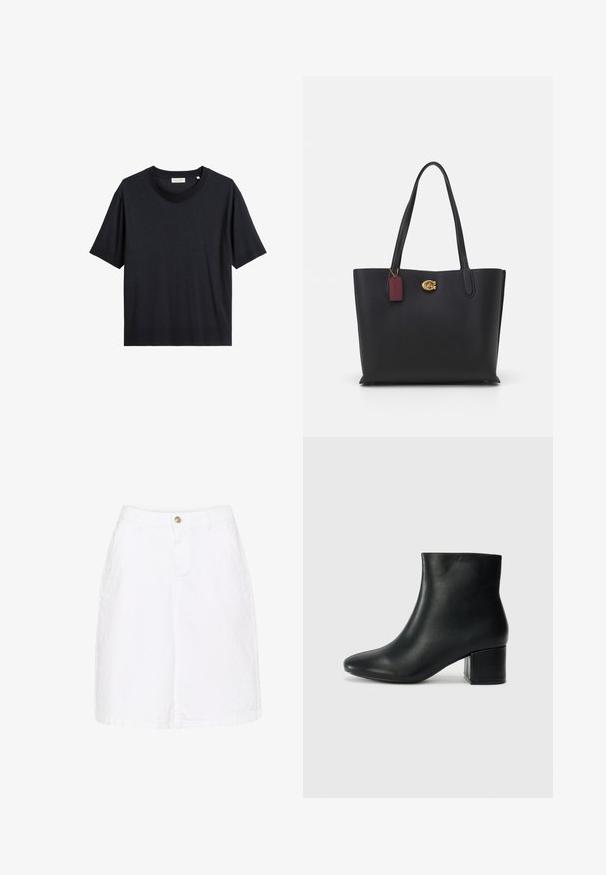 Schwarzes Baumwoll-T-Shirt mit Rundhalsausschnitt, kurzen Ärmeln und lockerer Passform. Der Stoff wirkt glatt und hat einen subtilen Glanz.; Weiße Baumwoll-Jeansrock mit einer Knopfleiste an der Vorderseite, seitlichen Taschen und gerader Silhouette, die eine dezente strukturierte Oberfläche aufweist.; Schwarze Leder-Ankle-Boots mit spitzem Zehenbereich und klobigem Absatz. Glatte Textur mit minimalen Akzenten und einem eleganten, taillierten Design.; Schwarze Ledertasche mit zwei langen Tragegriffen, strukturiertem Finish, goldenen Beschlägen und einem burgunderfarbenen Anhänger. Geräumiges Design mit offenem Oberteil.