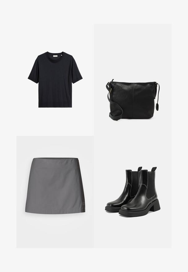 Zwarte katoenen T-shirt met ronde hals, korte mouwen en een relaxte pasvorm. De stof lijkt glad met een subtiele glans.; Grijze rok gemaakt van lichtgewicht, gladde stof; heeft een recht gesneden model met een schone zoom en een subtiel merklabel aan de zijkant.; Zwarte leren Chelsea-boots met een chunky hak, elastische zijpanelen en contrasterende witte stiksels. Gestructureerde afwerking.; Zwarte leren schoudertas met een platte vorm, gouden hardware-accenten en een verstelbare schouderband. Gladde textuur met minimale stikdetails.