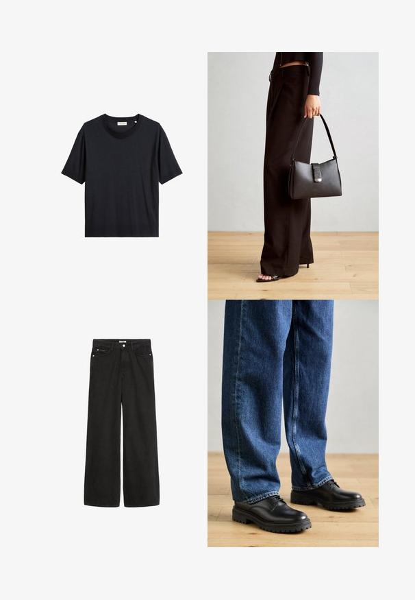 T-shirt in cotone nero con collo rotondo, maniche corte e vestibilità rilassata. Il tessuto appare liscio con un leggero luccichio.; Jeans in denim nero a gamba larga con vita alta. Presentano cinque tasche, accessori metallici e una finitura pulita. La texture è liscia e morbida.; Scarpe in pelle nera con punta tonda, design con lacci e suola in gomma spessa e testurizzata, abbinate a jeans in denim blu dal taglio morbido.; Borsa nera con forma strutturata, texture liscia e una chiusura metallica. Abbinata a pantaloni neri larghi e sandali open-toe su un pavimento in legno.