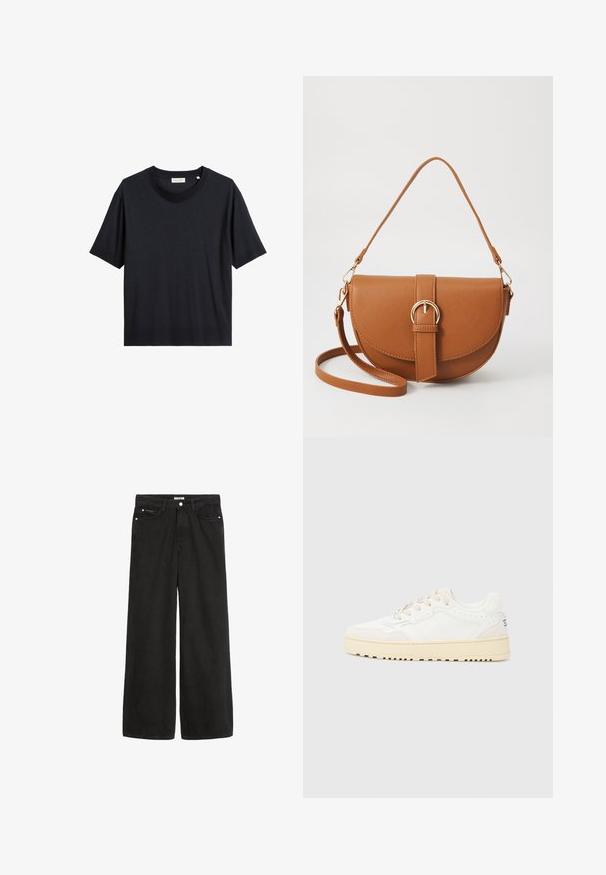 Black cotton t-shirt with a round neck, short sleeves, and a relaxed fit. The fabric appears smooth with a subtle sheen.; Wide-leg black denim jeans with a high waist. Features five pockets, metal hardware, and a clean finish. The texture is smooth and soft.; White sneaker with a textured leather upper, beige accents, round toe, and a thick, textured rubber sole. Features six lace holes.; Brown leather crossbody bag with a curved shape, gold hardware, and a buckle accent. Features a detachable shoulder strap.