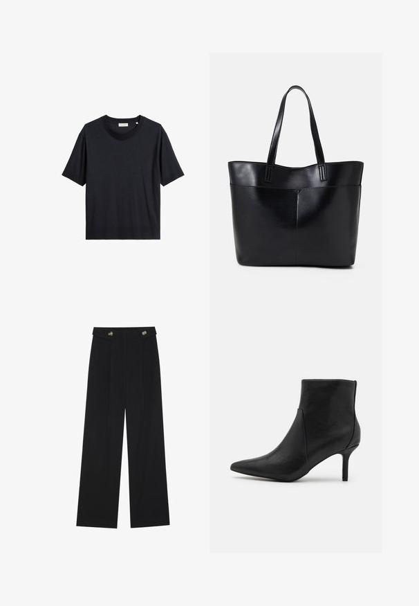 T-shirt in cotone nero con collo rotondo, maniche corte e vestibilità rilassata. Il tessuto appare liscio con un leggero luccichio.; Pantaloni neri a gamba larga con vita alta, dettagli con bottoni in vita e pieghe frontali.; Anna Field Tronchetti - black; Borsa a tracolla in pelle nera con due manici lunghi, una texture liscia e una forma strutturata. Presenta una tasca frontale per ulteriore spazio di archiviazione.