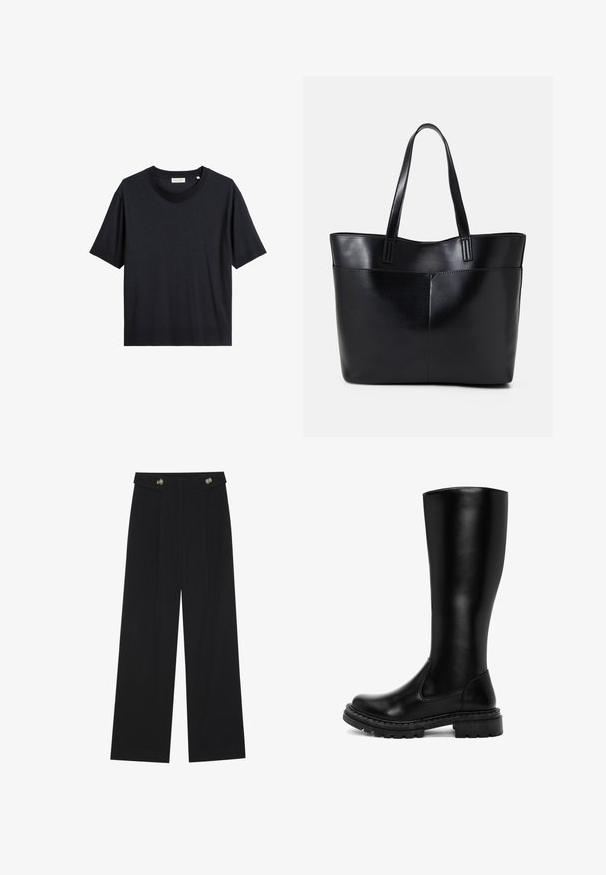 T-shirt en coton noir à col rond, à manches courtes et à coupe décontractée. Le tissu semble lisse avec un léger brillant.; Pantalons larges noirs à taille haute, avec des détails de boutons à la taille et des plis sur le devant.; Bottes noires montantes en cuir lisse. Semelle en caoutchouc épaisse avec un relief texturé. Bout rond et design minimaliste. Pas de décorations visibles.; Sac fourre-tout en cuir noir avec deux longues poignées, une texture lisse et une forme structurée. Dispose d'une poche avant pour un rangement supplémentaire.