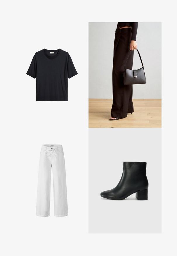 Zwarte katoenen T-shirt met ronde hals, korte mouwen en een relaxte pasvorm. De stof lijkt glad met een subtiele glans.; Witte broek met wijde pijpen van denim, met een trekkoord in de taille, zijzakken en een knoopsluiting. Glad oppervlak en eenvoudig ontwerp.; Zwarte leren enkellaarzen met een spitse neus en een chunky hak. Gladde textuur met minimale accenten en een slank, strakk ontwerp.; Zwarte handtas met gestructureerde vorm, gladde textuur en een metalen sluiting. Gecombineerd met brede zwarte broeken en sandalen met open teen op een houten vloer.