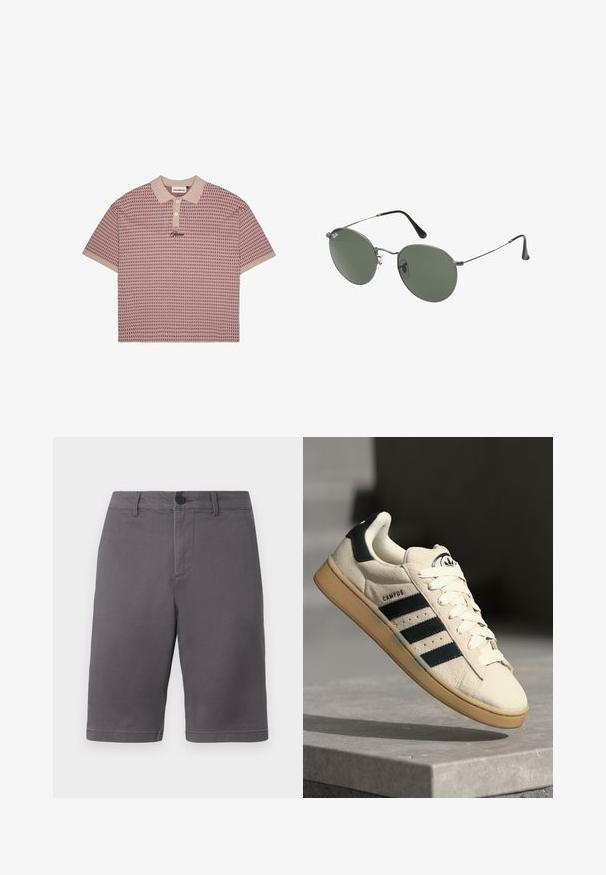 Polo majica s kratkimi rokavi v roza barvi z geometrijskim vzorcem, bež ovratnikom, tremi belimi gumbi in vezenim logotipom na prsih.; Sive kratke hlače iz kombinacije bombaža, z gumbom za zapiranje, stranskimi žepi in čisto, ravno obliko.; Bež nubuk tenisice s tremi temno modrimi črtami, belimi vezalkami in svetlo rjavim gumijastim podplatom. Vključuje logo na jezikcu in besedilo "CAMPUS".; Sončna očala z ovalnimi zelenimi lečami v kovinskem okvirju. Tanjši srebrni kovinski okvir in črne ušesne konice. Minimalistična zasnova, brez vidnih logotipov.