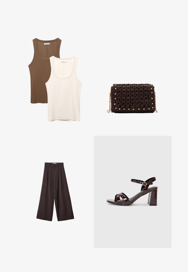 Zwei Tanktops: eines in Dunkelbraun mit gerippter Textur und breiten Trägern, das andere in Cremefarbe, glattes Material mit ähnlichem Design.; Schwarze, weit geschnittene Hose mit hoher Taille, ausgestattet mit vorderen Falten und einem Knopfverschluss an der Taille, aus glattem Stoff gefertigt.; Patentrot hohe Sandale mit offenem Zehenbereich, ausgestattet mit Kreuzriemen und einem Knöchelriemen mit einer runden goldenen Schnalle. Blockabsatz-Design.; Braune geflochtene Clutch mit strukturierter Oberfläache, goldfarbener Hardware und dekorativen Nieten entlang der Kanten. Besitzt einen Kettenriemen.