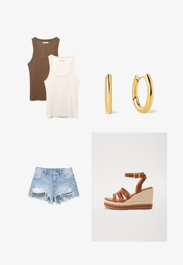 Two tank tops: one in dark brown with ribbed texture and wide straps, the other in off-white, smooth fabric with similar design.; Light blue denim shorts with distressed detailing, frayed hems, and five pockets. Features a button closure and belt loops.; Brown leather wedge sandals feature a woven jute sole, open-toe design with three straps, and a buckle ankle strap for secure fit.; Gold hoop earrings with a smooth, polished surface, featuring a hinged closure and a rounded, elongated design.