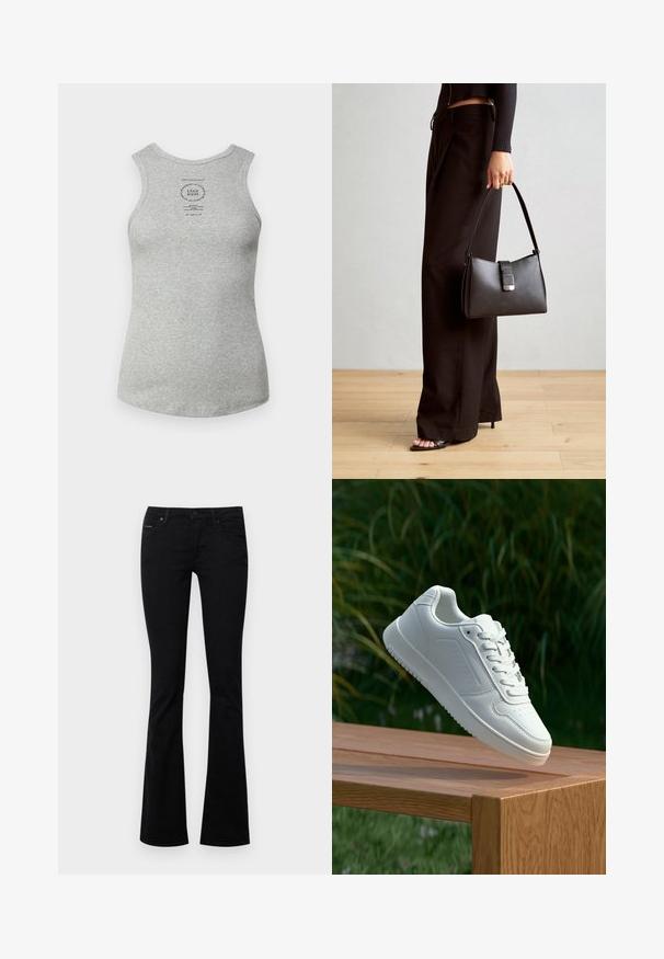Siva bombažna majica brez rokavov z okruglim izrezom, z ušitim oznako na sredini. Gladka tekstura in oblikovana silhueta.; Marc O'Polo DENIM TROUSERS MID WAIST FLARED - Kavbojke na trapez - black; Bela teniska s gladkim sintetičnim zgornjim delom, perforiranim prednjim delom, ravnimi vezalkami in teksturiranim podplatom, prikazana na leseni površini.; Črna torbica z strukturirano obliko, gladko teksturo in kovinskim zaponko. Ujemajo se z širokimi črnimi hlačami in odprtimi sandali na lesenem tleh.