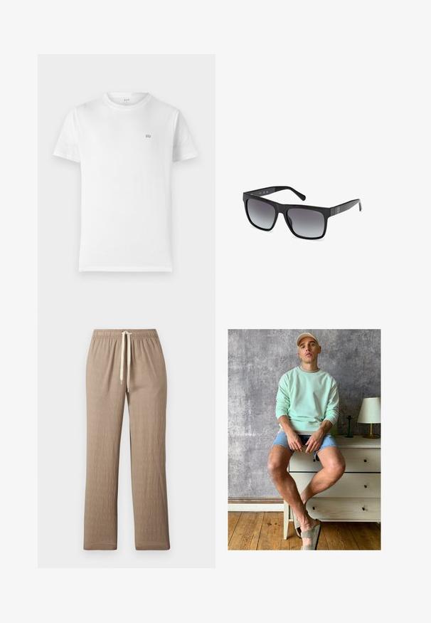 Hvid bomulds t-shirt med en klassisk rund hals, korte ærmer og et lille, gråt GAP-logo på venstre bryst. Enkel, udekoreret design.; Kortærmet skjorte med knapper i hvidt stof med lodrette striber i pink og grøn. Har en lomme på venstre side.; Lysebrune, teksturerede stoffer bukser med elastisk talje og justerbar snøre. Lige ben design uden synlige mønstre eller detaljer.; Mintgrøn sweatshirt, denimshorts og olivengrønne slip-on sko. Sidder på et lyseget skab mod en struktureret grå væg.; Guess Solbriller - glossy black smoke gray