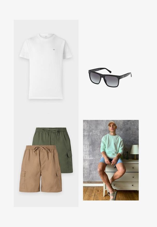 Weißes Baumwoll-T-Shirt mit klassischem Rundhalsausschnitt, kurzen Ärmeln und kleinem grauen GAP-Logo auf der linken Brust. Einfaches, unaufdringliches Design.; Kurzärmliges Hemd in weißem Stoff mit vertikalen Streifen in Pink und Grün. Mit einer Tasche auf der linken Seite.; Zwei Paar Cargo-Shorts; eines in Khaki, eines in Grün. Jedes hat einen elastischen Bund, einen Kordelzug und seitliche Taschen. Glatte Stoffstruktur.; Mintgrüner Sweatshirt, Jeansshorts und olivgrüne Slipper. Sitzt auf einer hellen Kommode vor einer strukturierten grauen Wand.; Guess Sonnenbrille - glossy black smoke gray