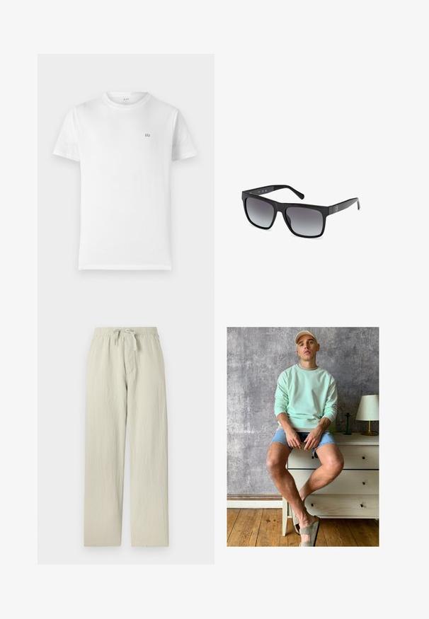 Hvid bomulds t-shirt med en klassisk rund hals, korte ærmer og et lille, gråt GAP-logo på venstre bryst. Enkel, udekoreret design.; Kortærmet skjorte med knapper i hvidt stof med lodrette striber i pink og grøn. Har en lomme på venstre side.; Lys grå, brede bukser lavet af blødt, struktureret stof. Har en elastisk talje med snor og sidelommer.; Mintgrøn sweatshirt, denimshorts og olivengrønne slip-on sko. Sidder på et lyseget skab mod en struktureret grå væg.; Guess Solbriller - glossy black smoke gray