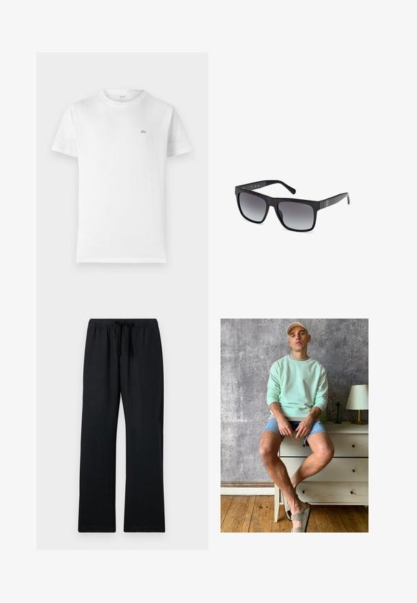 Bílý bavlněný tričko s klasickým kulatým výstřihem, krátkými rukávy a malým šedým logem GAP na levé části hrudi. Jednoduchý, nezdobený design.; Krátký rukáv košile s knoflíky z bílé látky s vertikálními pruhy v růžové a zelené barvě. Má kapsu na levé straně.; Černé volné kalhoty se širším pasem a nastavovací šňůrkou. Hladká látka, rovné nohavice a bez vzorů.; Mátově zelená mikina, džíny šortky a olivově zelené slip-on boty. Sedící na světlé komodě proti texturované šedé zdi.; Guess Sluneční brýle - glossy black smoke gray