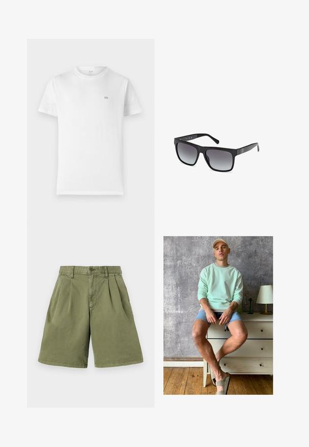 Weißes Baumwoll-T-Shirt mit klassischem Rundhalsausschnitt, kurzen Ärmeln und kleinem grauen GAP-Logo auf der linken Brust. Einfaches, unaufdringliches Design.; Kurzärmliges Hemd in weißem Stoff mit vertikalen Streifen in Pink und Grün. Mit einer Tasche auf der linken Seite.; Khaki-Shorts mit Vorderfalten, aus einem Baumwollmischgewebe gefertigt. Mit Gürtelschlaufen und Knopfverschluss, gerader Beinschnitt und sauberem Saum.; Mintgrüner Sweatshirt, Jeansshorts und olivgrüne Slipper. Sitzt auf einer hellen Kommode vor einer strukturierten grauen Wand.; Guess Sonnenbrille - glossy black smoke gray