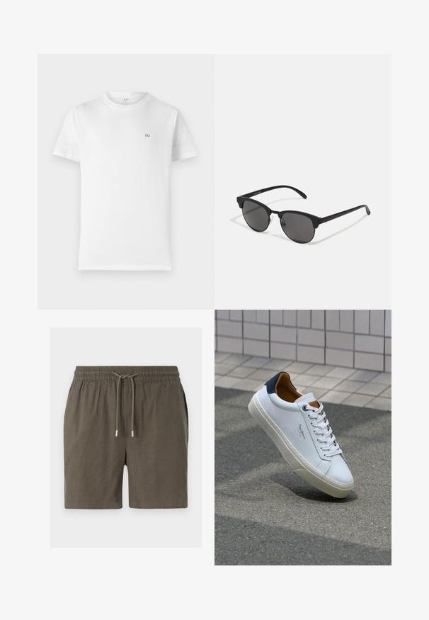Weißes Baumwoll-T-Shirt mit klassischem Rundhalsausschnitt, kurzen Ärmeln und kleinem grauen GAP-Logo auf der linken Brust. Einfaches, unaufdringliches Design.; Dunkelgrüne Shorts mit elastischem Bund, Kordelzugverschluss und einer glatten, leichten Textur. Keine sichtbaren Taschen oder Muster.; Weiße Ledersneaker mit navyfarbenem Fersenbereich, runder Zehenpartie und kontrastierenden braunen Akzenten. Verfügt über flache Schnürsenkel und eine strukturierte Gummisohle.; Schwarze Sonnenbrille mit runden Gläsern, matter Oberfläche und markanter Cat-Eye-Form. Schlanke Bügel mit dezenter Markenkennzeichnung am linken Schläfenstück.