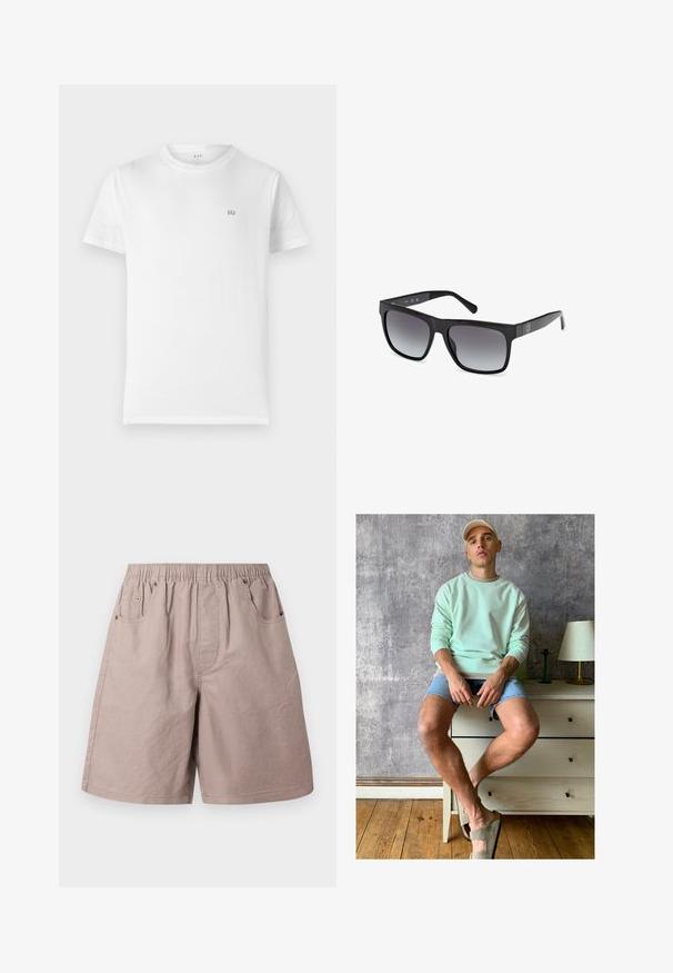 Bílý bavlněný tričko s klasickým kulatým výstřihem, krátkými rukávy a malým šedým logem GAP na levé části hrudi. Jednoduchý, nezdobený design.; Béžové bavlněné kraťasy s elastickým pasem, dvěma postranními kapsami a jemnými švadlovými detaily. Hladká textura, délka po kolena.; Mátově zelená mikina, džíny šortky a olivově zelené slip-on boty. Sedící na světlé komodě proti texturované šedé zdi.; Guess Sluneční brýle - glossy black smoke gray