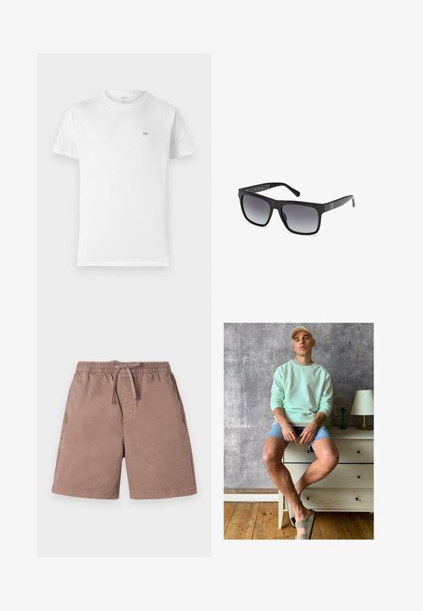 Weißes Baumwoll-T-Shirt mit klassischem Rundhalsausschnitt, kurzen Ärmeln und kleinem grauen GAP-Logo auf der linken Brust. Einfaches, unaufdringliches Design.; Hellbraune Shorts aus weichem Material mit einem elastischen Bund und Kordelzug. Verfügt über seitliche Taschen und ein lässiges Design.; Mintgrüner Sweatshirt, Jeansshorts und olivgrüne Slipper. Sitzt auf einer hellen Kommode vor einer strukturierten grauen Wand.; Guess Sonnenbrille - glossy black smoke gray