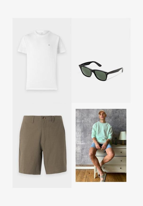 White cotton t-shirt with a classic crew neck, short sleeves, and a small, grey GAP logo on the left chest. Simple, unembellished design.; Olive green shorts made from textured fabric, featuring a button closure and flat front, with side pockets for functionality.; Mint green sweatshirt, denim shorts, and olive green slip-on shoes. Sitting on a light-colored chest of drawers against a textured gray wall.; Black plastic sunglasses with green lenses, square frames, silver accent on the brow, and textured temple arms. Stated brand on inner arm.