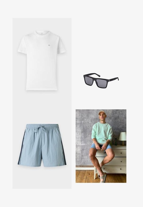 Balta medvilninė marškinėliai su klasikine apvalia iškirpte, trumpomis rankovėmis ir mažuoju pilku GAP logotipu kairėje krūtinės pusėje. Paprastas, be puošmenų dizainas.; Šviesiai mėlynos maudymosi kelnaitės su elastingu juosmeniu ir raišteliu. Šoninės panelės tamsiai mėlynos, o šonai apjuosti balta juostele. Lengvas audinys.; Mėtų žaliai megztinis, džinsiniai šortai ir alyvuogių žalios spalvos šlepetės. Sėdi ant šviesaus komodos priešais tekstūruotą pilką sieną.; Juoda stačiakampio formos saulės akiniai su tamsiais lęšiais, matinio paviršiaus ir su logotipu ant šventyklos. Dizainas pasižymi tiesiomis briaunomis ir storais rėmeliais.